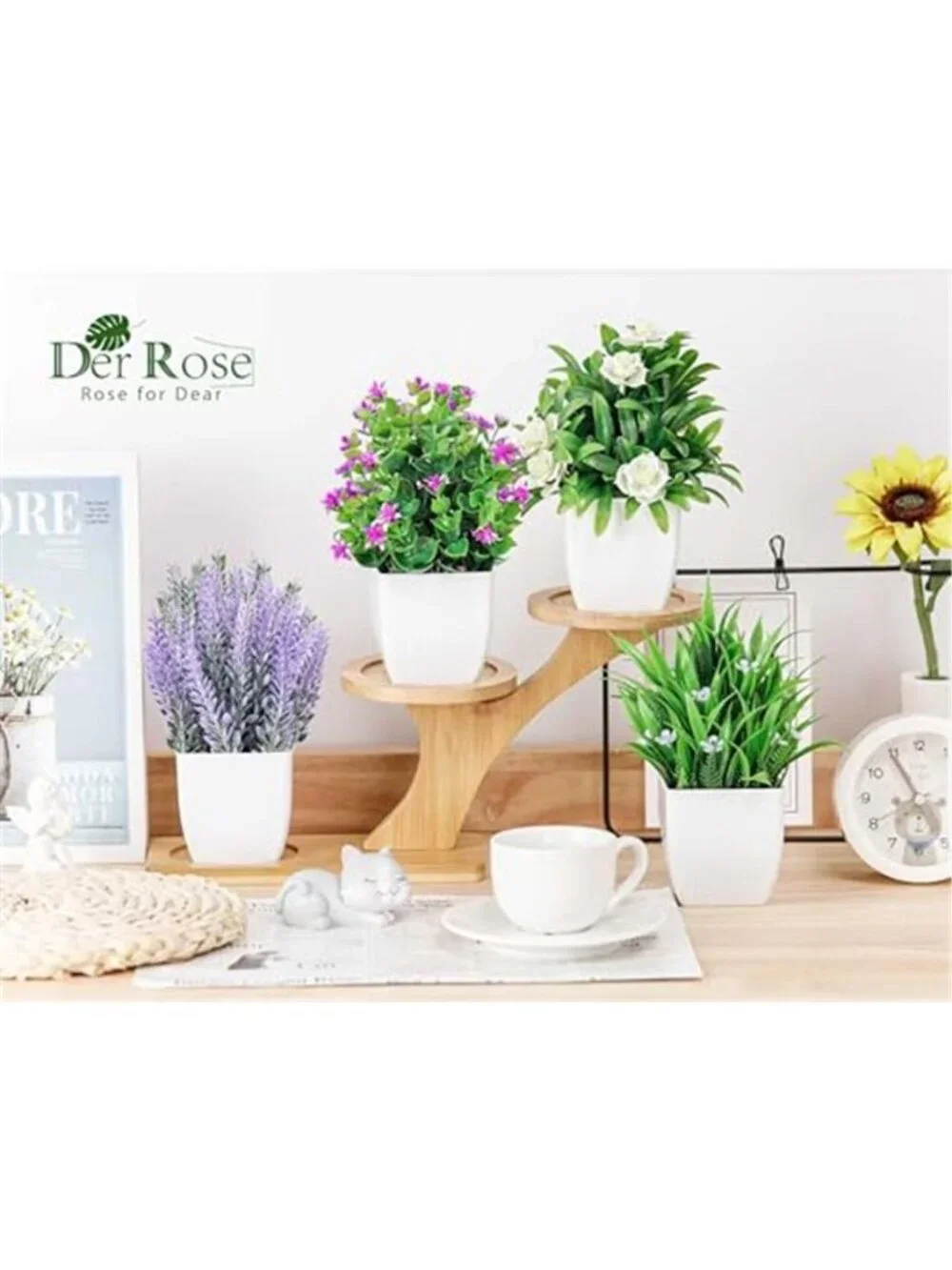 4 Pack Fake Plants Small Artificial Potted Faux Flowers Home Office Decor Indoor